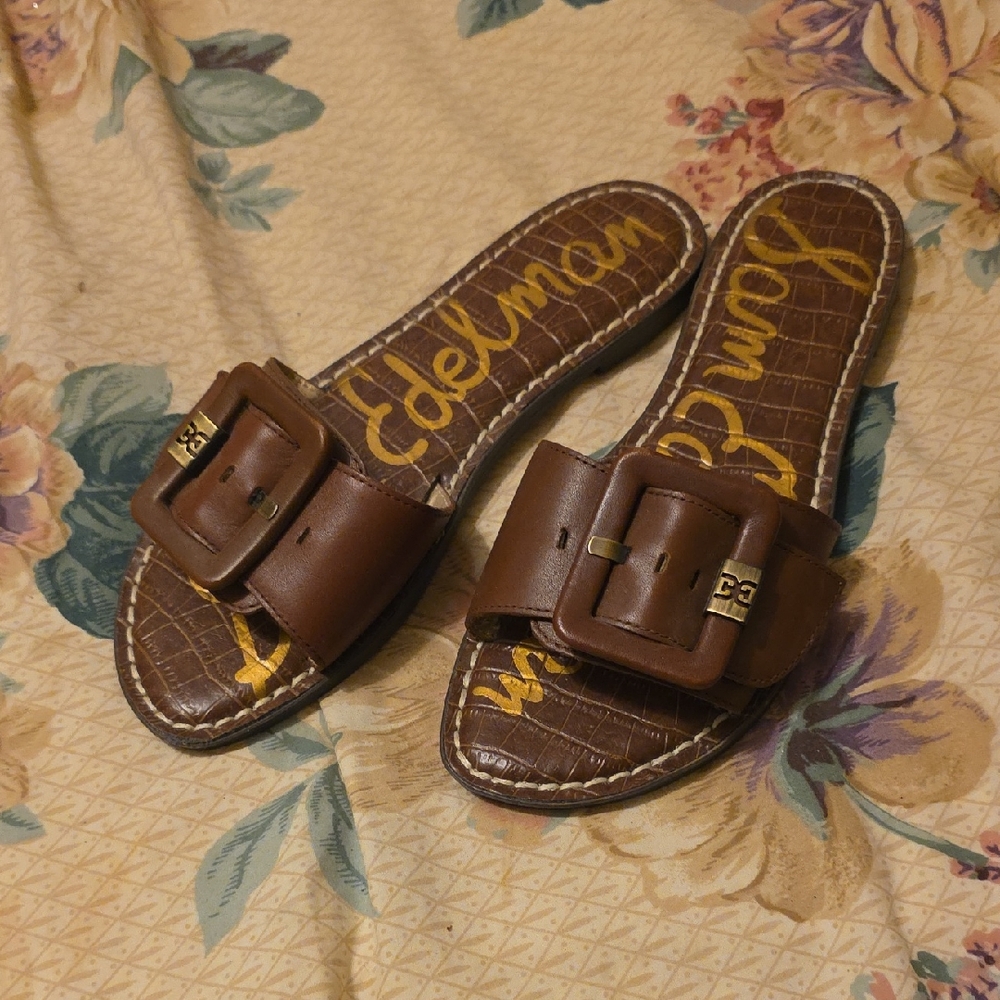 Sam Edelman Brown Leather Slide Sandals with Buckle